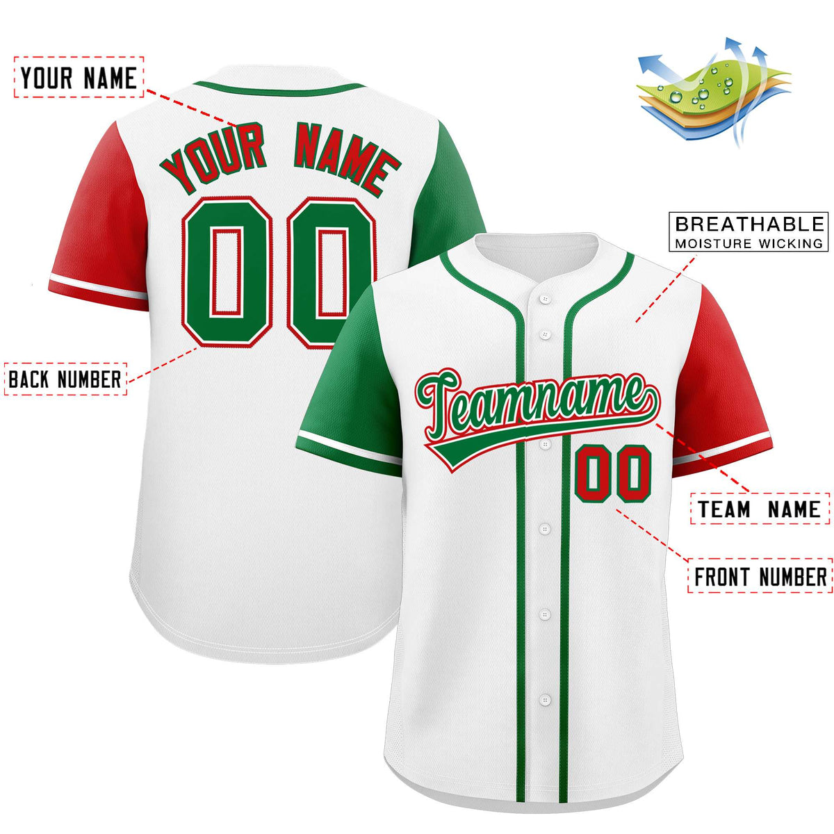 Custom White Kelly Green and Red Raglan Sleeves Authentic Baseball Jersey