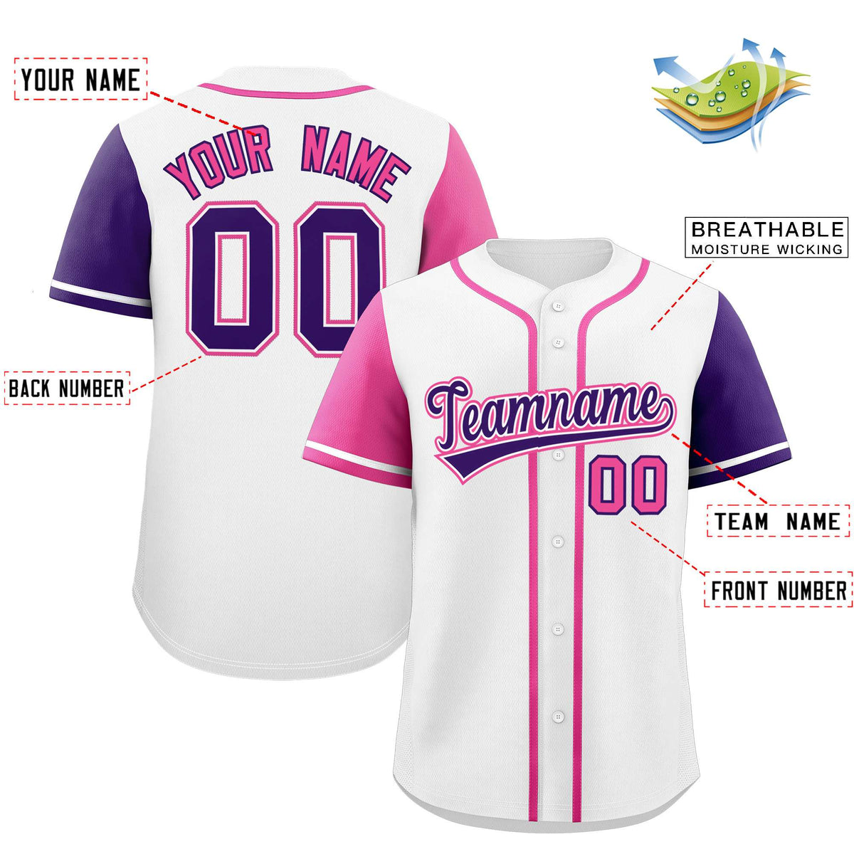 Custom White Pink and Purple Raglan Sleeves Authentic Baseball Jersey