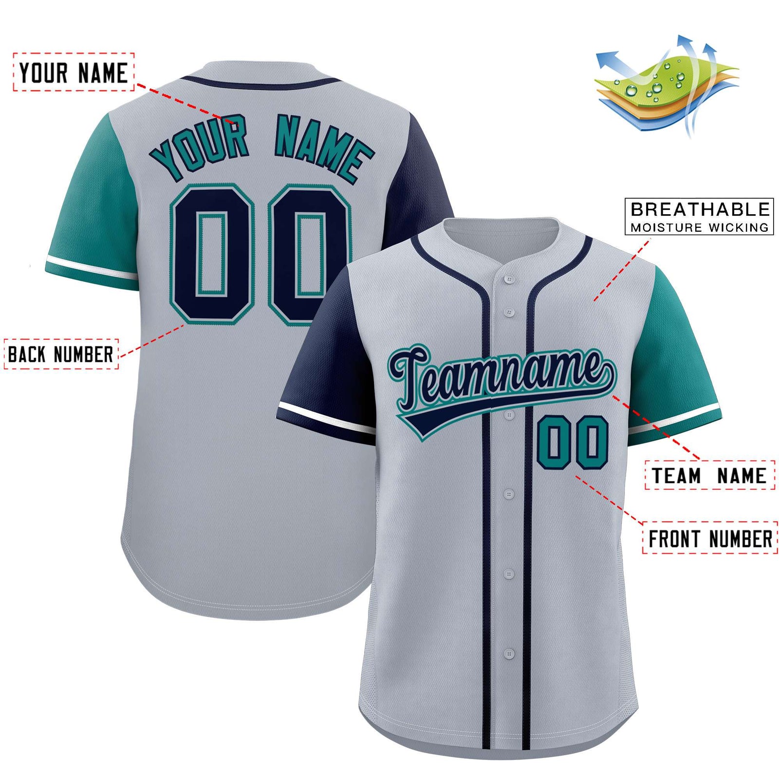 Custom Silver Navy and Aqua Raglan Sleeves Authentic Baseball Jersey
