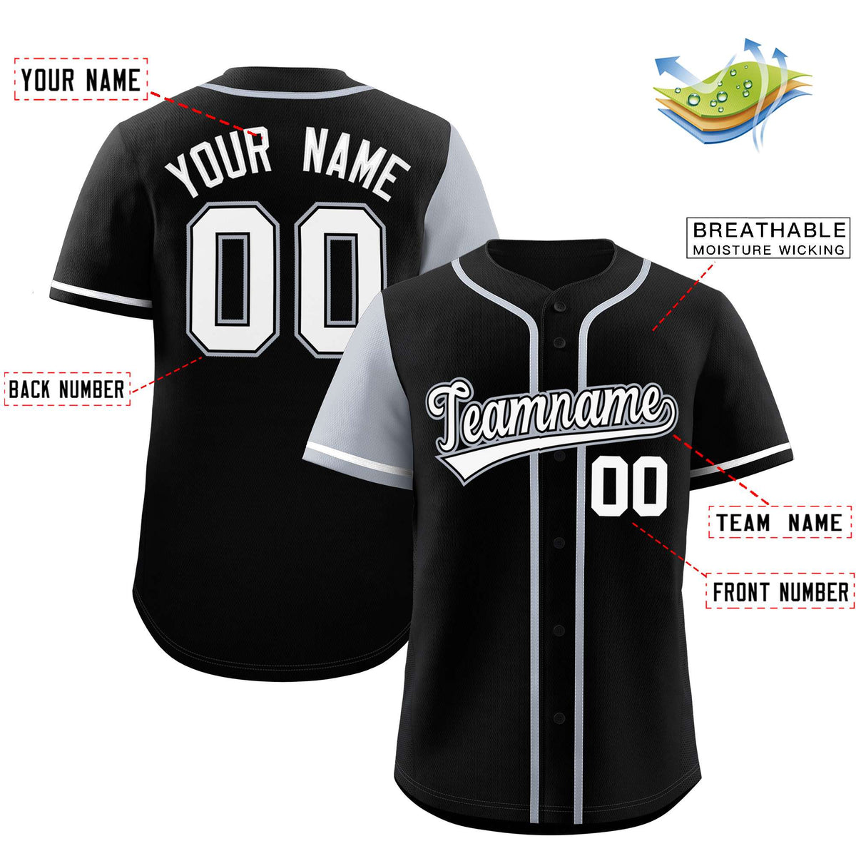 Custom Black Silver and Black Raglan Sleeves Authentic Baseball Jersey