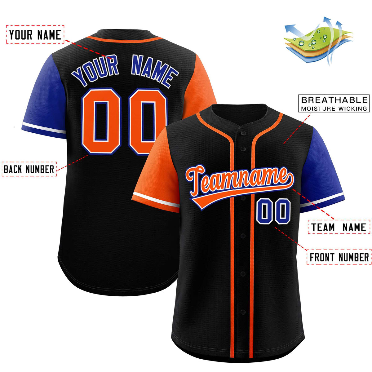 Custom Black Orange and Royal Raglan Sleeves Authentic Baseball Jersey
