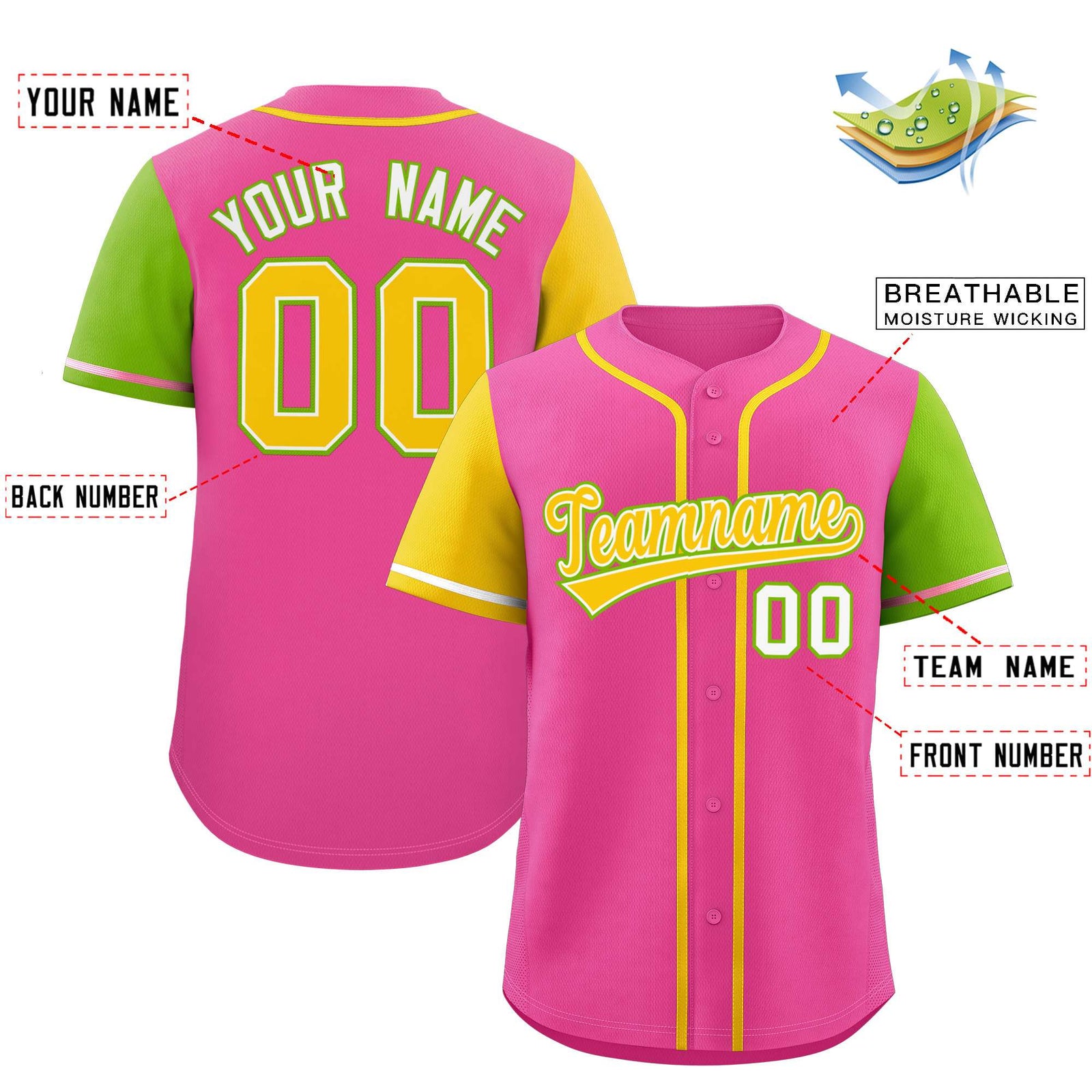 Custom Pink Gold and Neon Green Raglan Sleeves Authentic Baseball Jersey