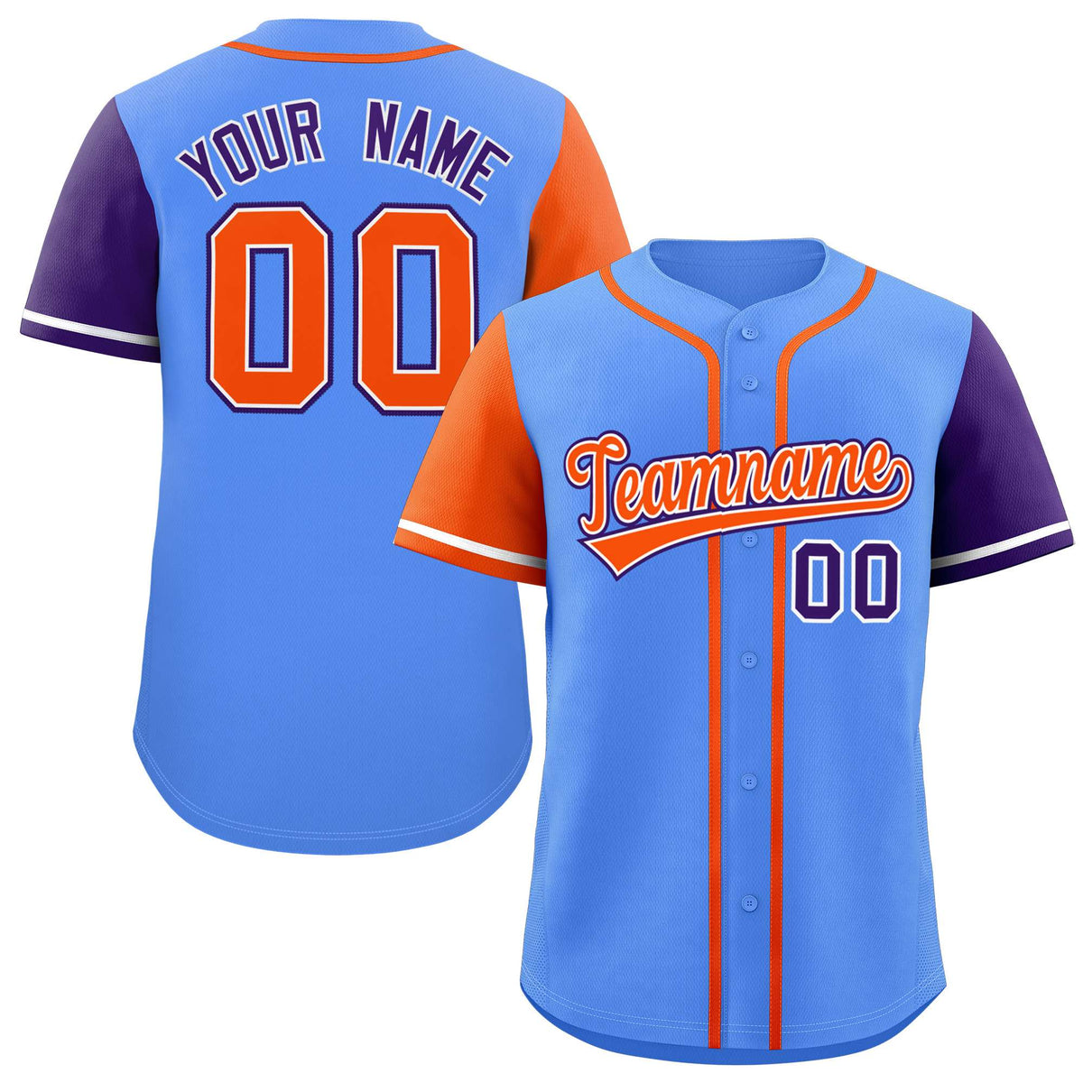 Custom Powder Blue Orange and Purple Raglan Sleeves Authentic Baseball Jersey
