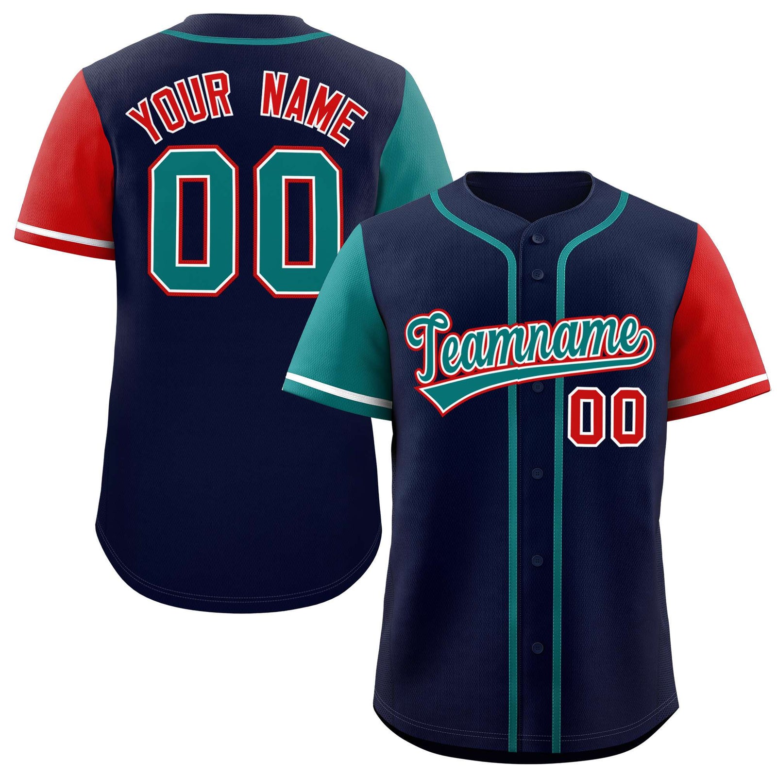 Custom Navy Aqua and Red Raglan Sleeves Authentic Baseball Jersey