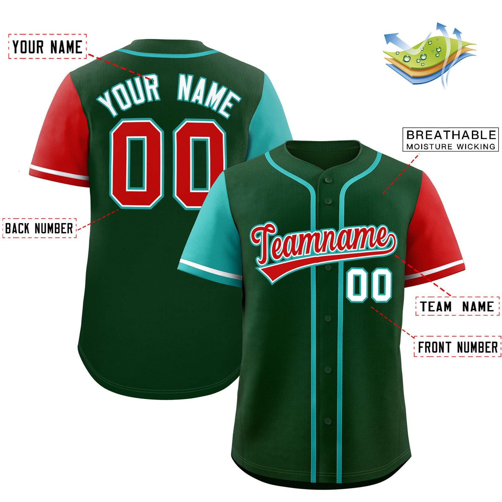 Custom Green Aqua and Red Raglan Sleeves Authentic Baseball Jersey