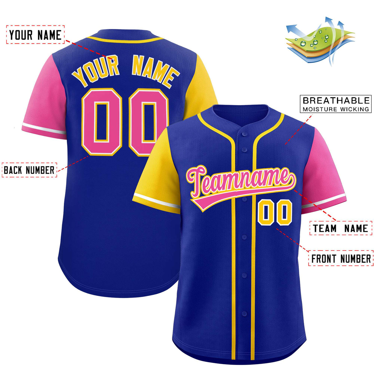 Custom Royal Gold and Pink Raglan Sleeves Authentic Baseball Jersey