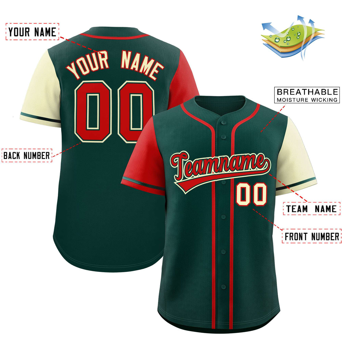 Custom Midnight Green Red and Cream Raglan Sleeves Authentic Baseball Jersey
