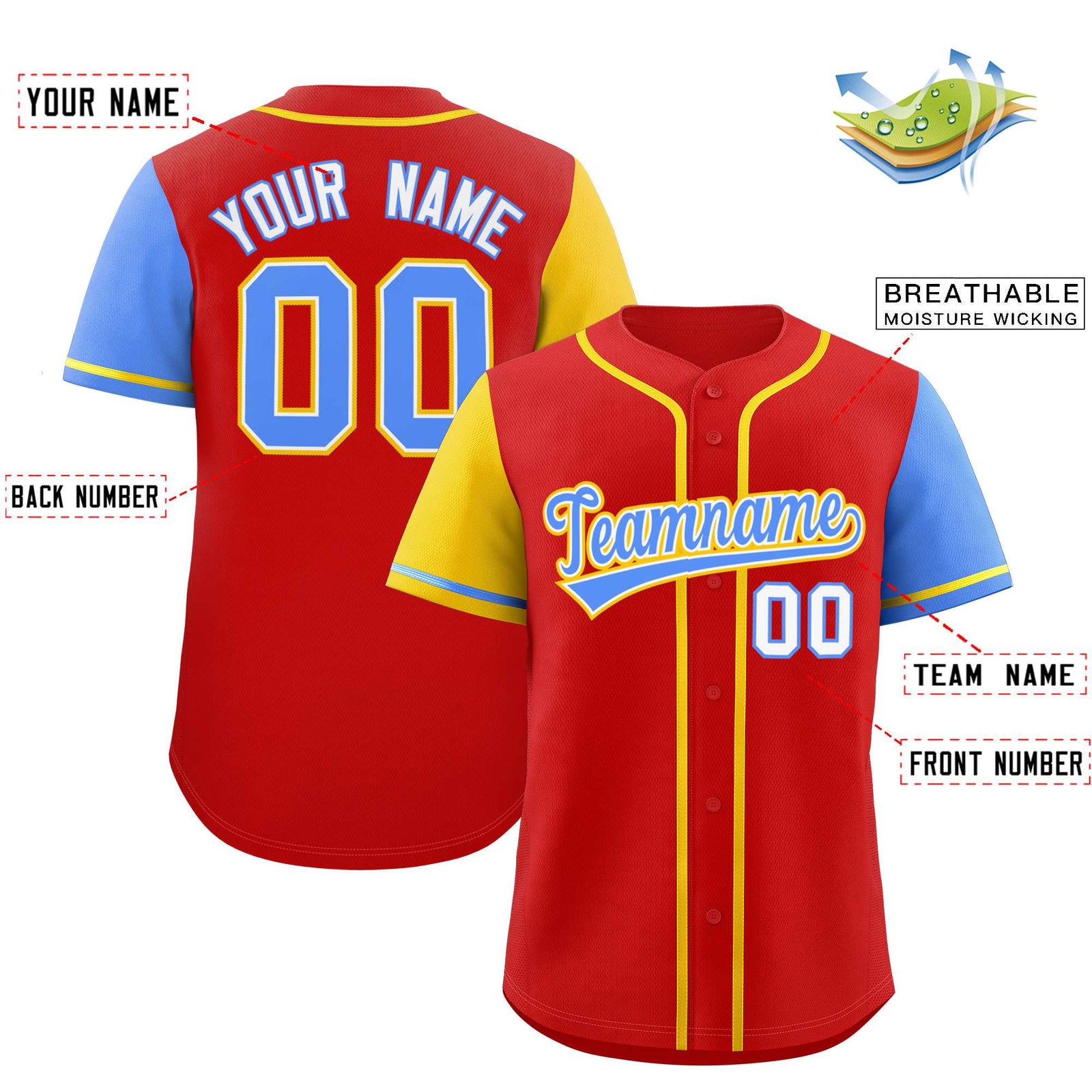 Custom Red Gold and Powder Blue Raglan Sleeves Authentic Baseball Jersey