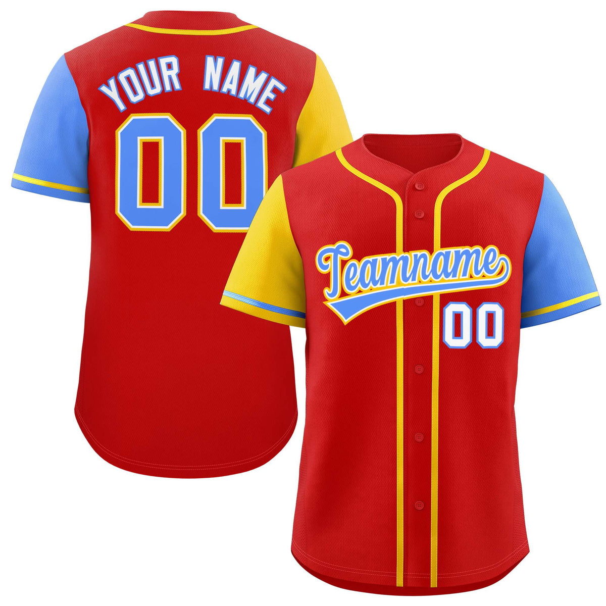 Custom Red Gold and Powder Blue Raglan Sleeves Authentic Baseball Jersey