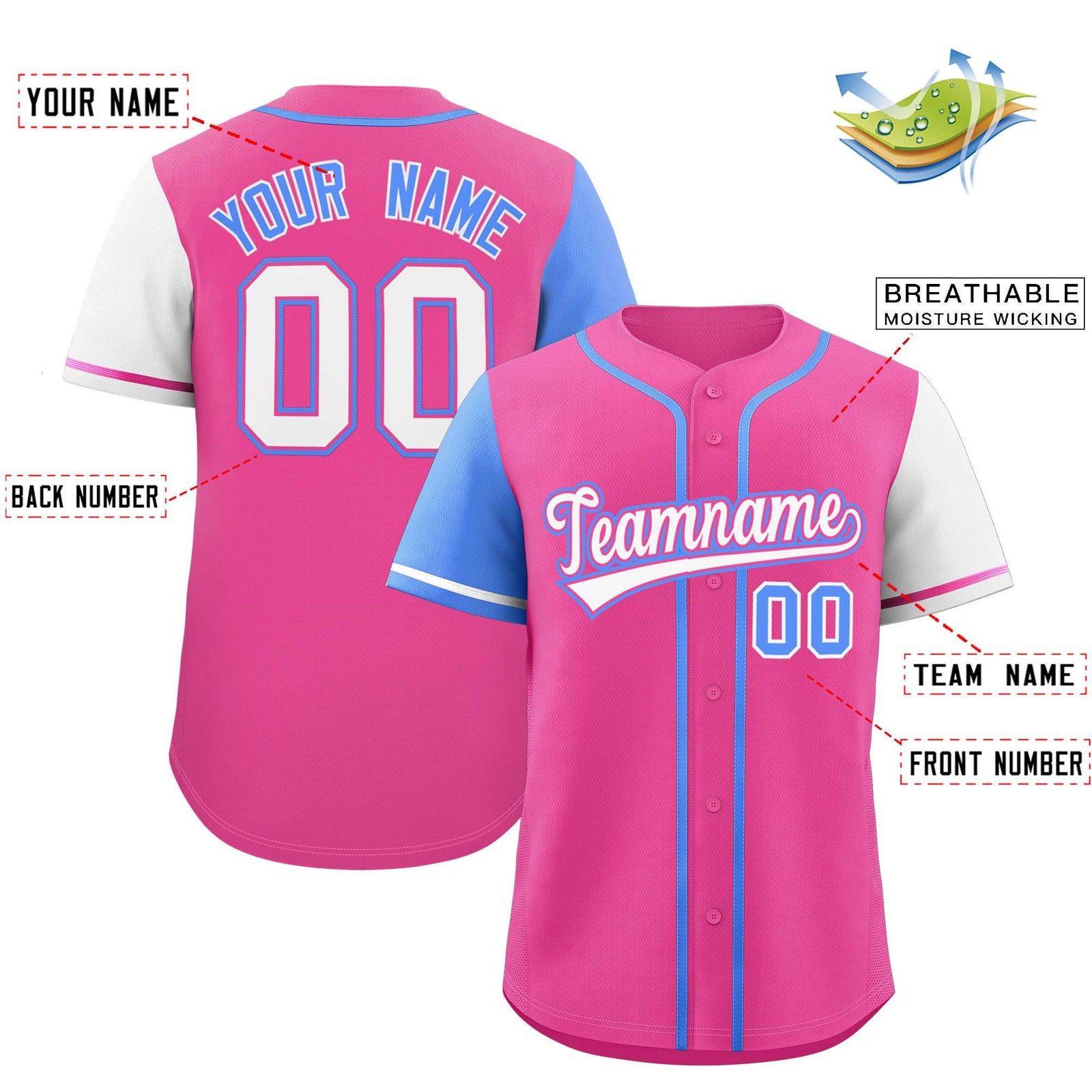 Custom Pink Powder Blue and White Raglan Sleeves Authentic Baseball Jersey