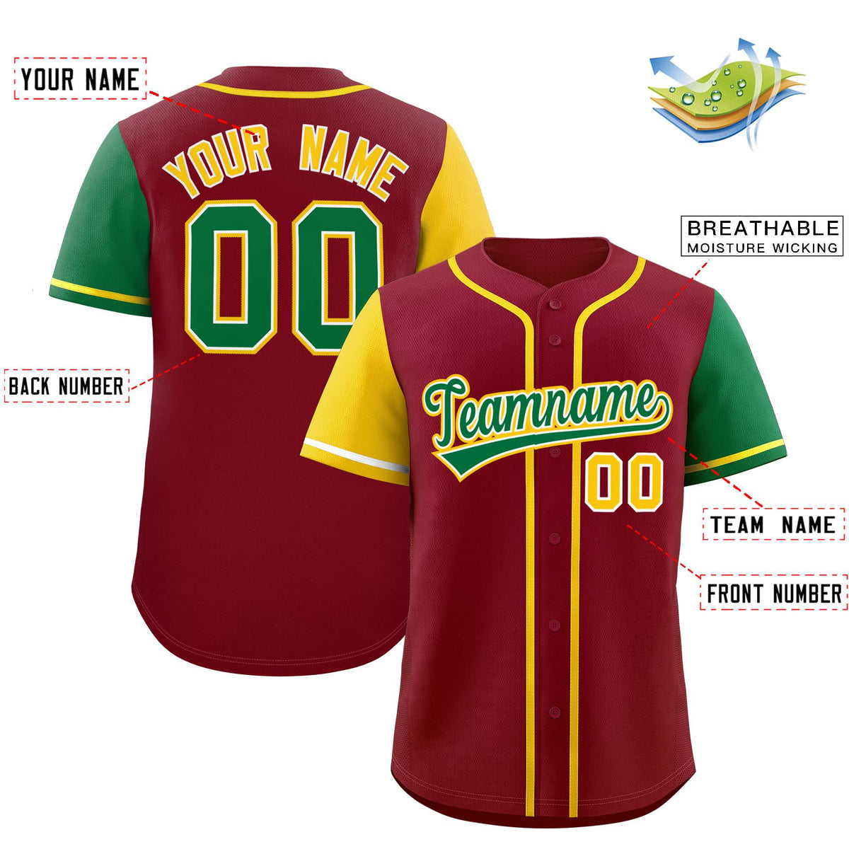 Custom Crimson Gold and Kelly Green Raglan Sleeves Authentic Baseball Jersey