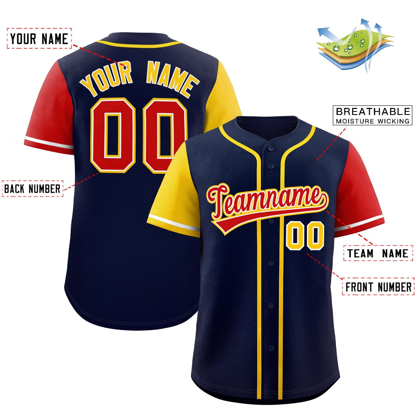Custom Navy Gold and Red Raglan Sleeves Authentic Baseball Jersey
