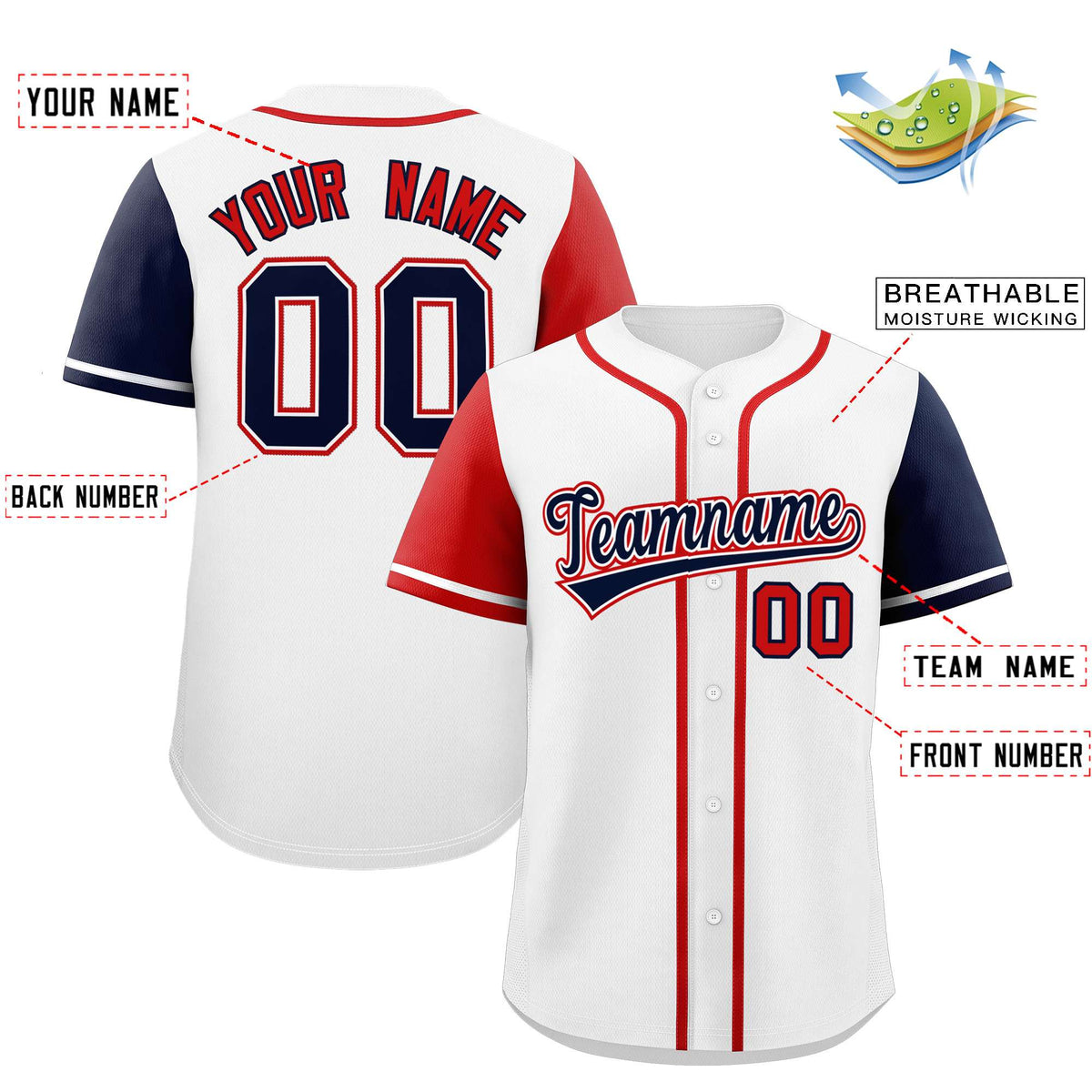 Custom White Red and Navy Raglan Sleeves Authentic Baseball Jersey