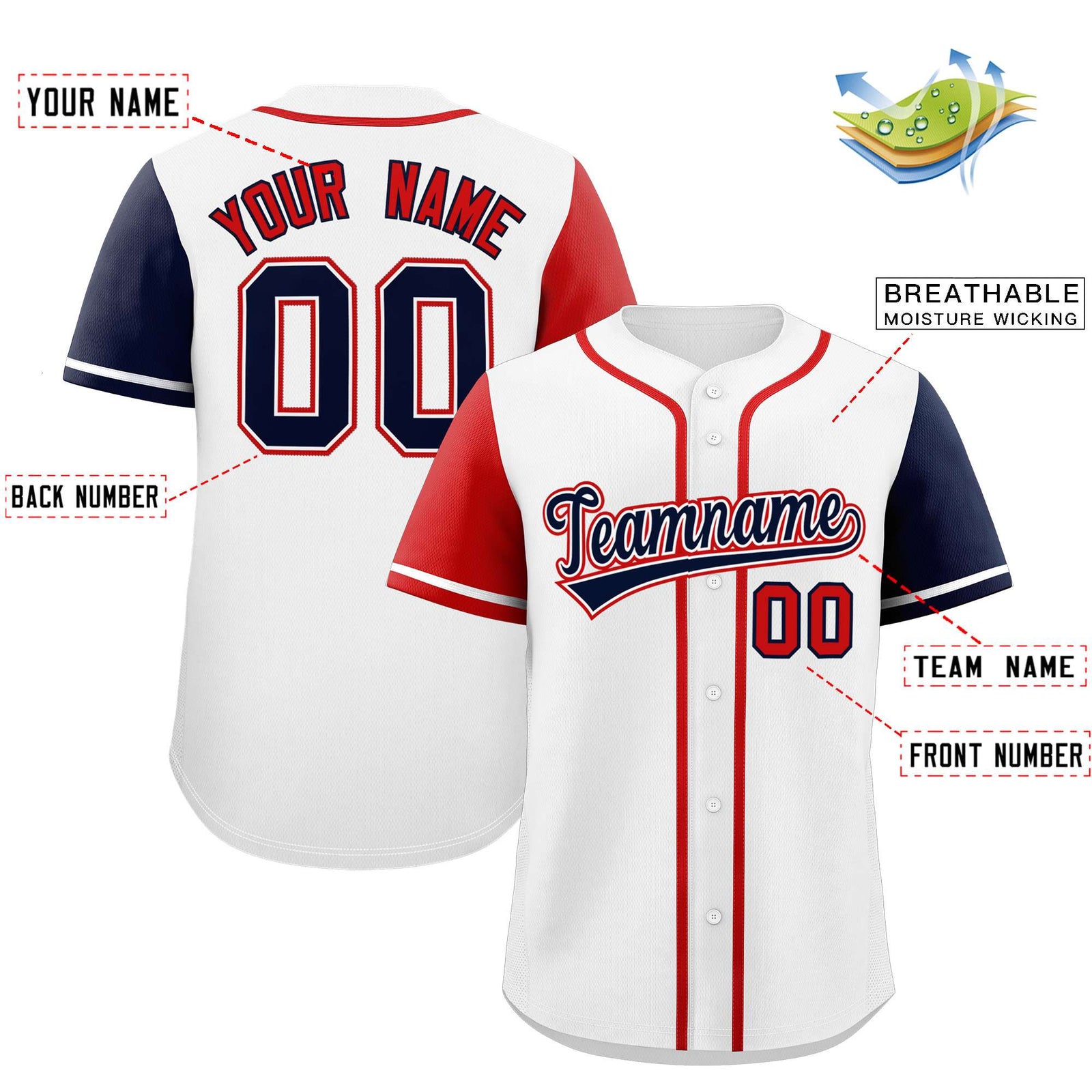 Custom White Red and Navy Raglan Sleeves Authentic Baseball Jersey