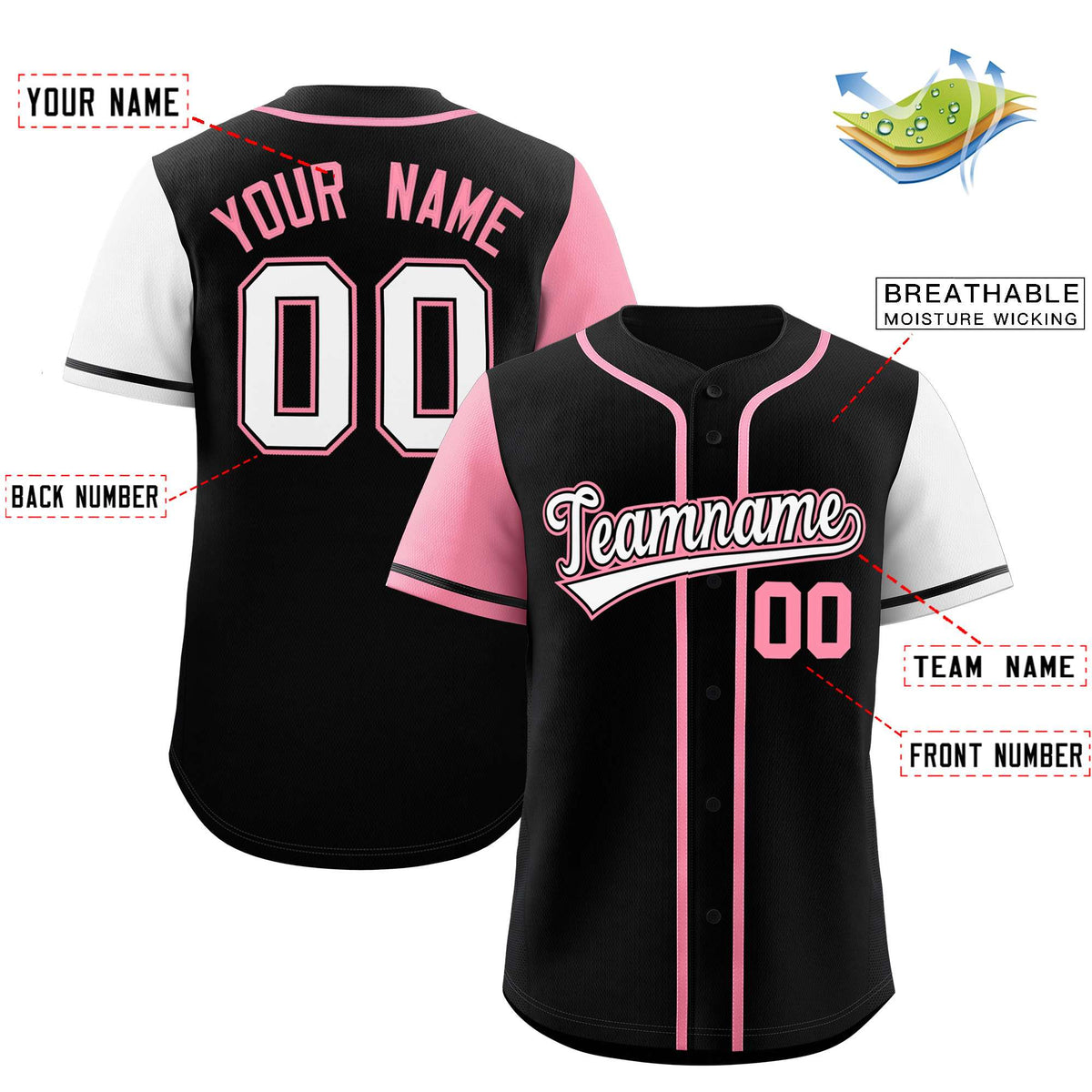 Custom Black Light Pink and White Raglan Sleeves Authentic Baseball Jersey