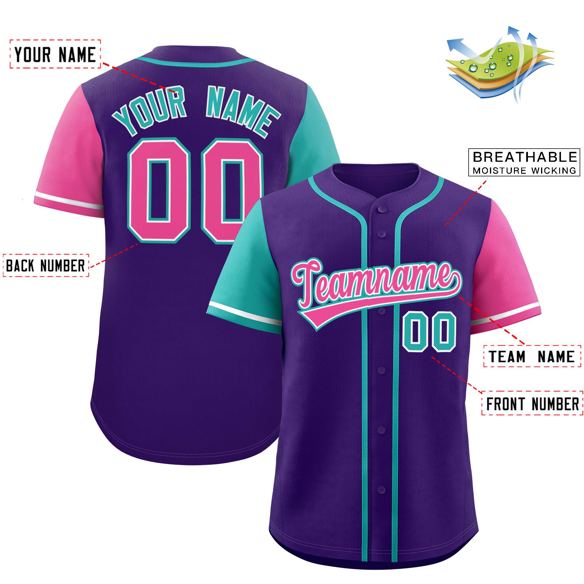 Custom Purple Aqua and Pink Raglan Sleeves Authentic Baseball Jersey