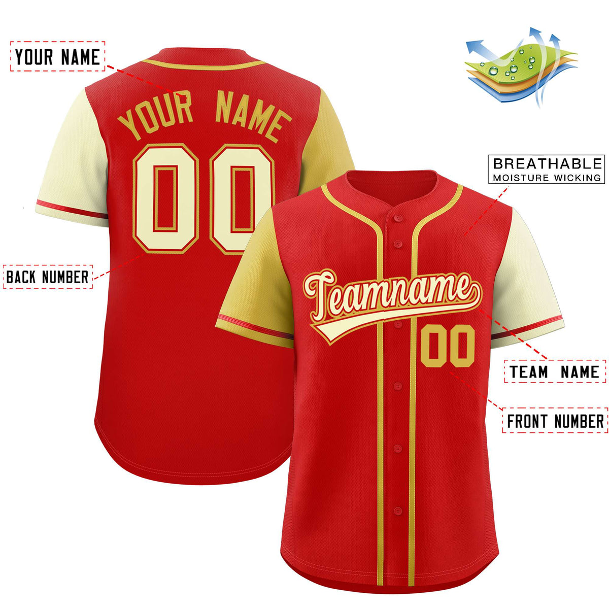 Custom Red Old Gold and Cream Raglan Sleeves Authentic Baseball Jersey