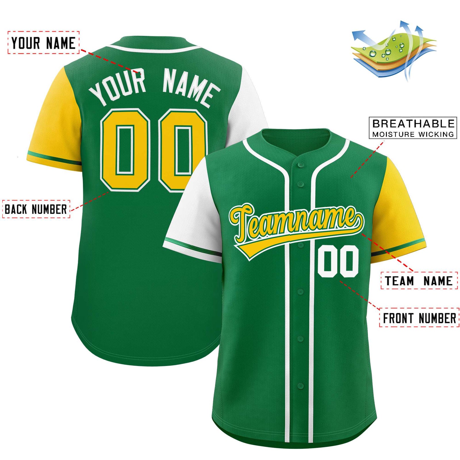 Custom Kelly Green White and Gold Raglan Sleeves Authentic Baseball Jersey