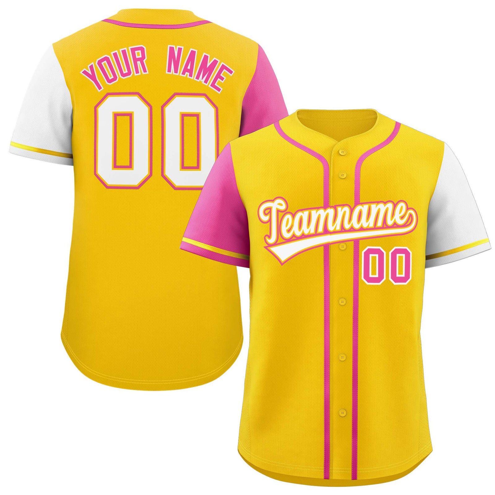 Custom Gold Pink and White Raglan Sleeves Authentic Baseball Jersey