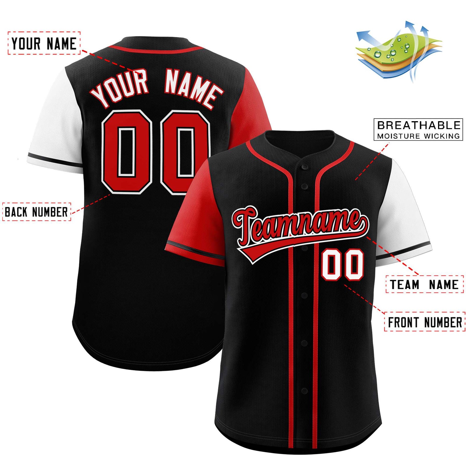 Custom Black Red and White Raglan Sleeves Authentic Baseball Jersey