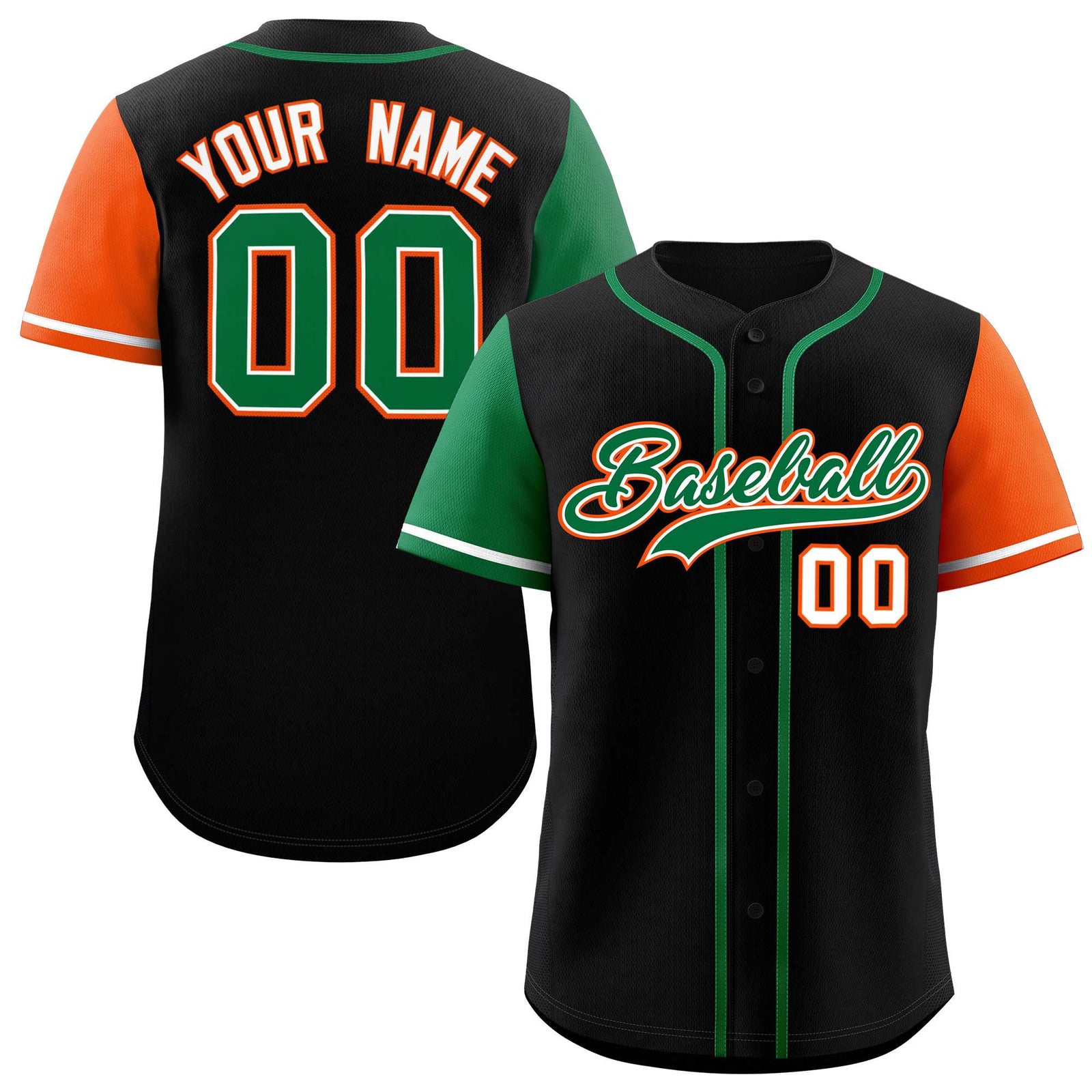 Custom Black Kelly Green and Orange Raglan Sleeves Authentic Baseball Jersey