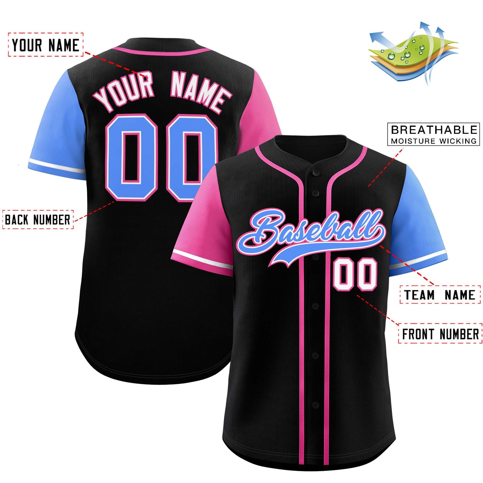 Custom Black Pink and Powder Blue Raglan Sleeves Authentic Baseball Jersey