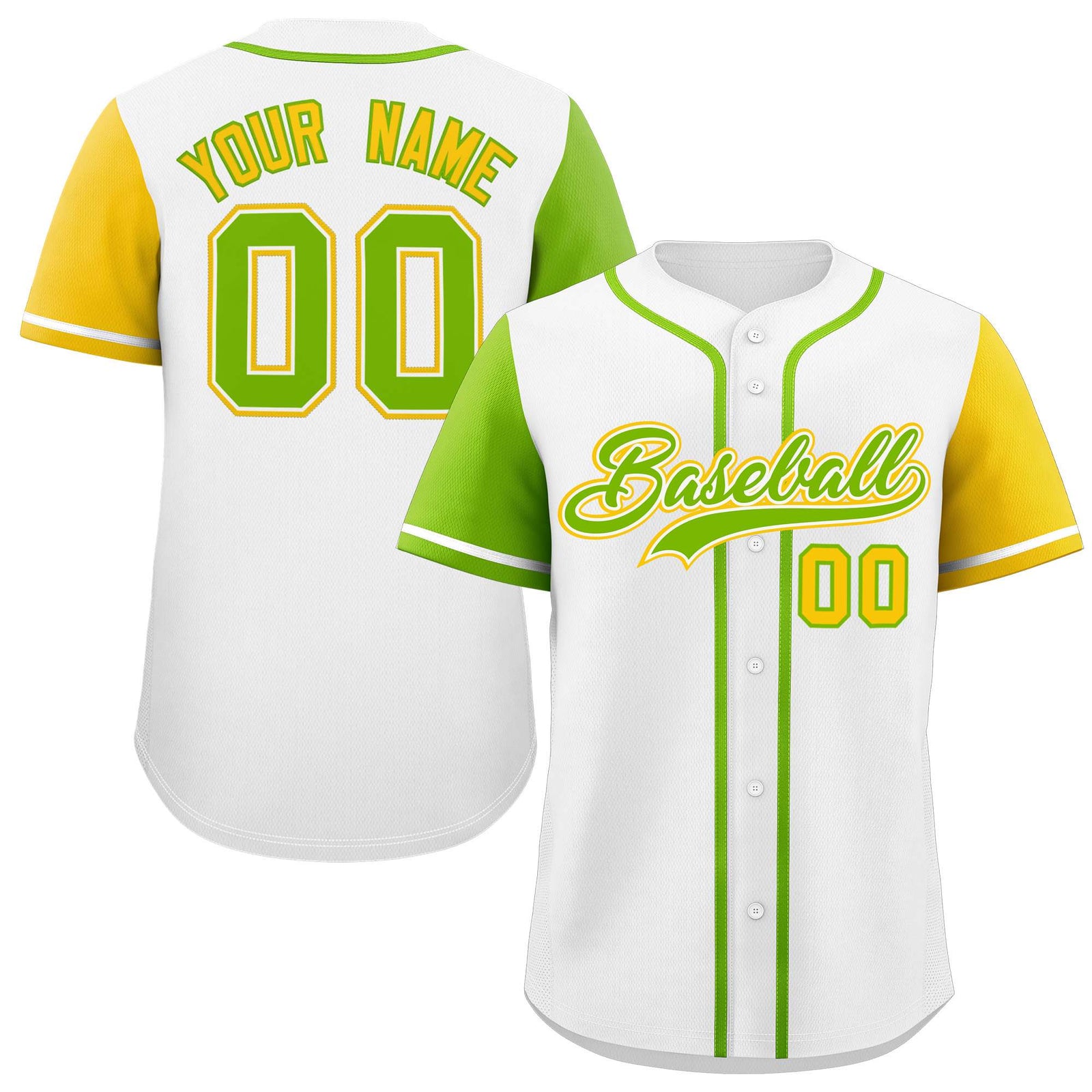 Custom White Neon Green and Gold Raglan Sleeves Authentic Baseball Jersey