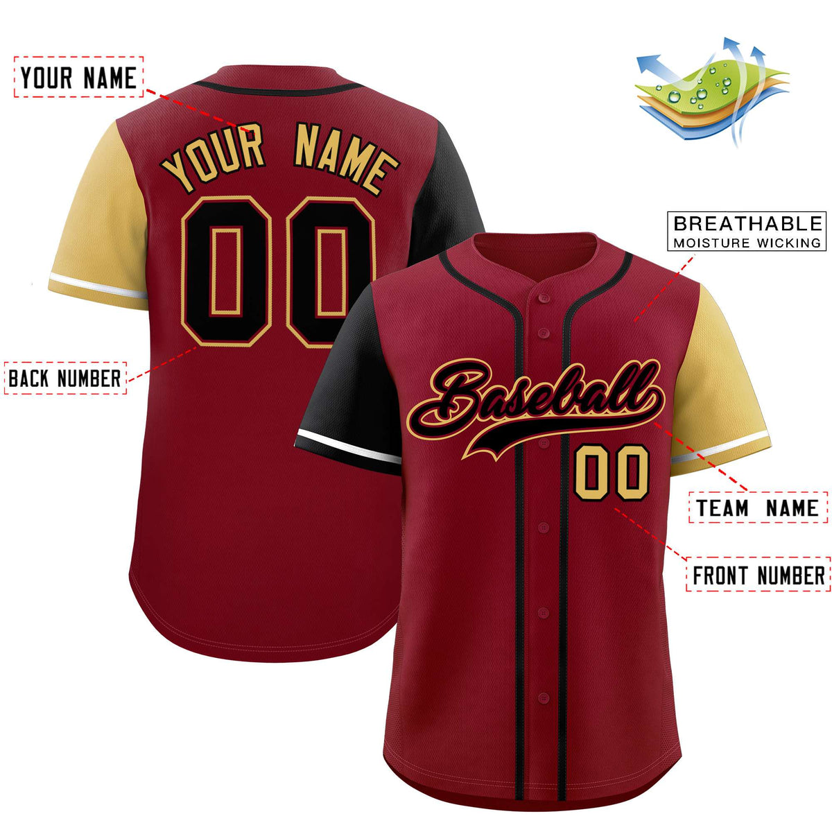 Custom Crimson Black and Khaki Raglan Sleeves Authentic Baseball Jersey