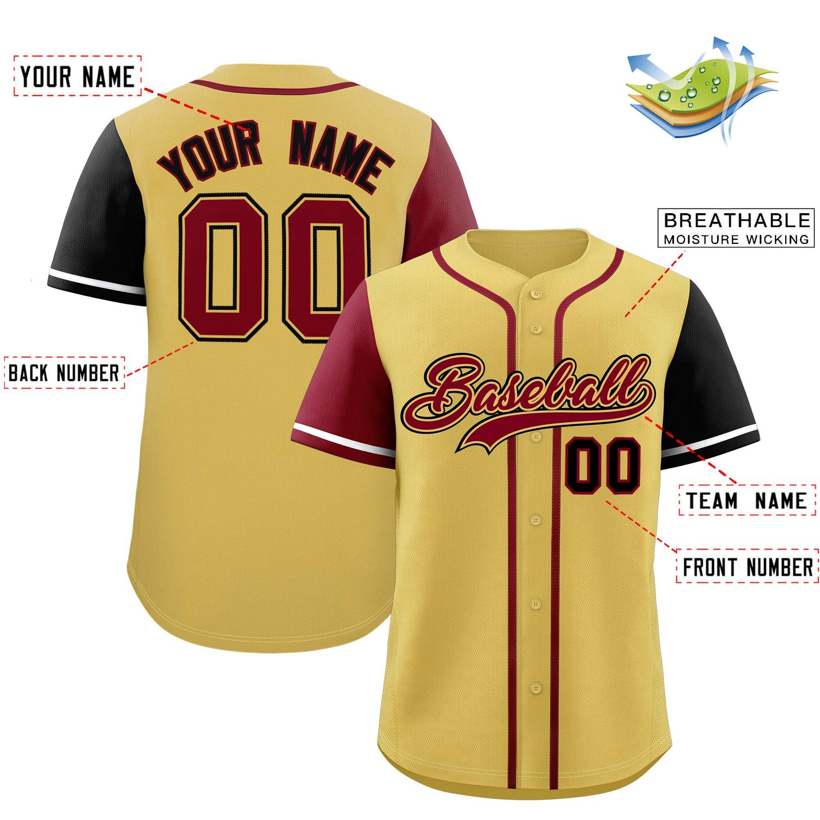 Custom Khaki Crimson and Black Raglan Sleeves Authentic Baseball Jersey