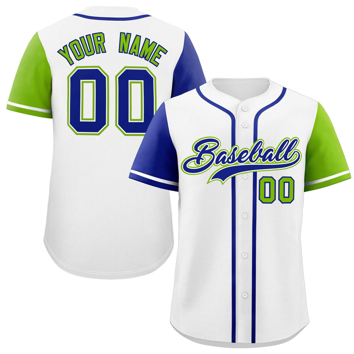 Custom White Royal and Neon Green Raglan Sleeves Authentic Baseball Jersey