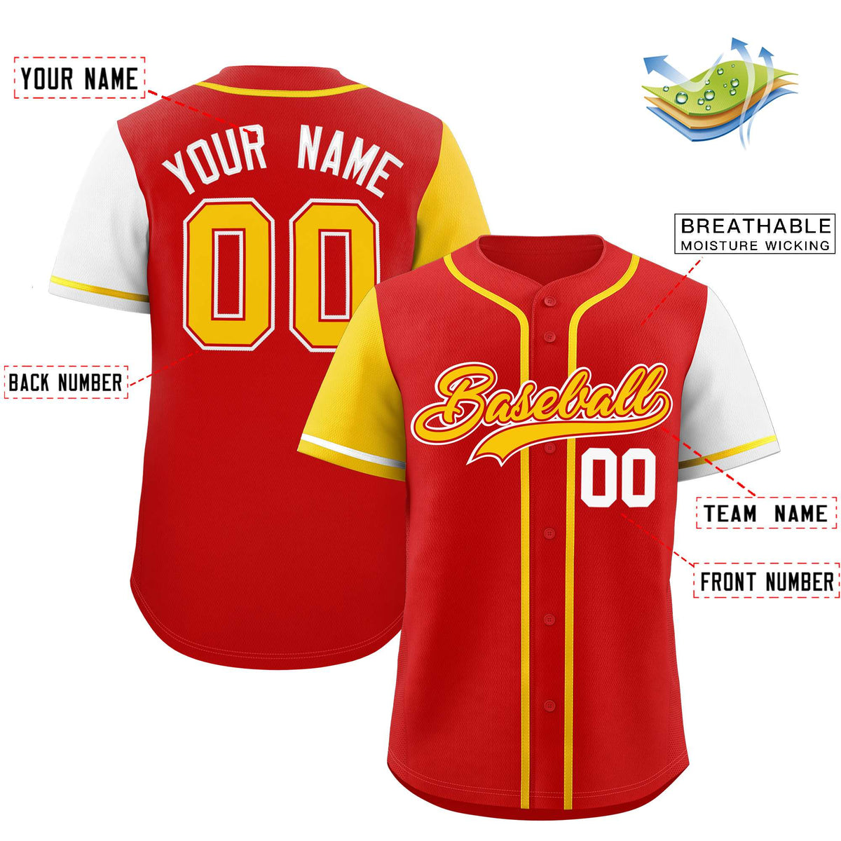 Custom Red Gold and White Raglan Sleeves Authentic Baseball Jersey