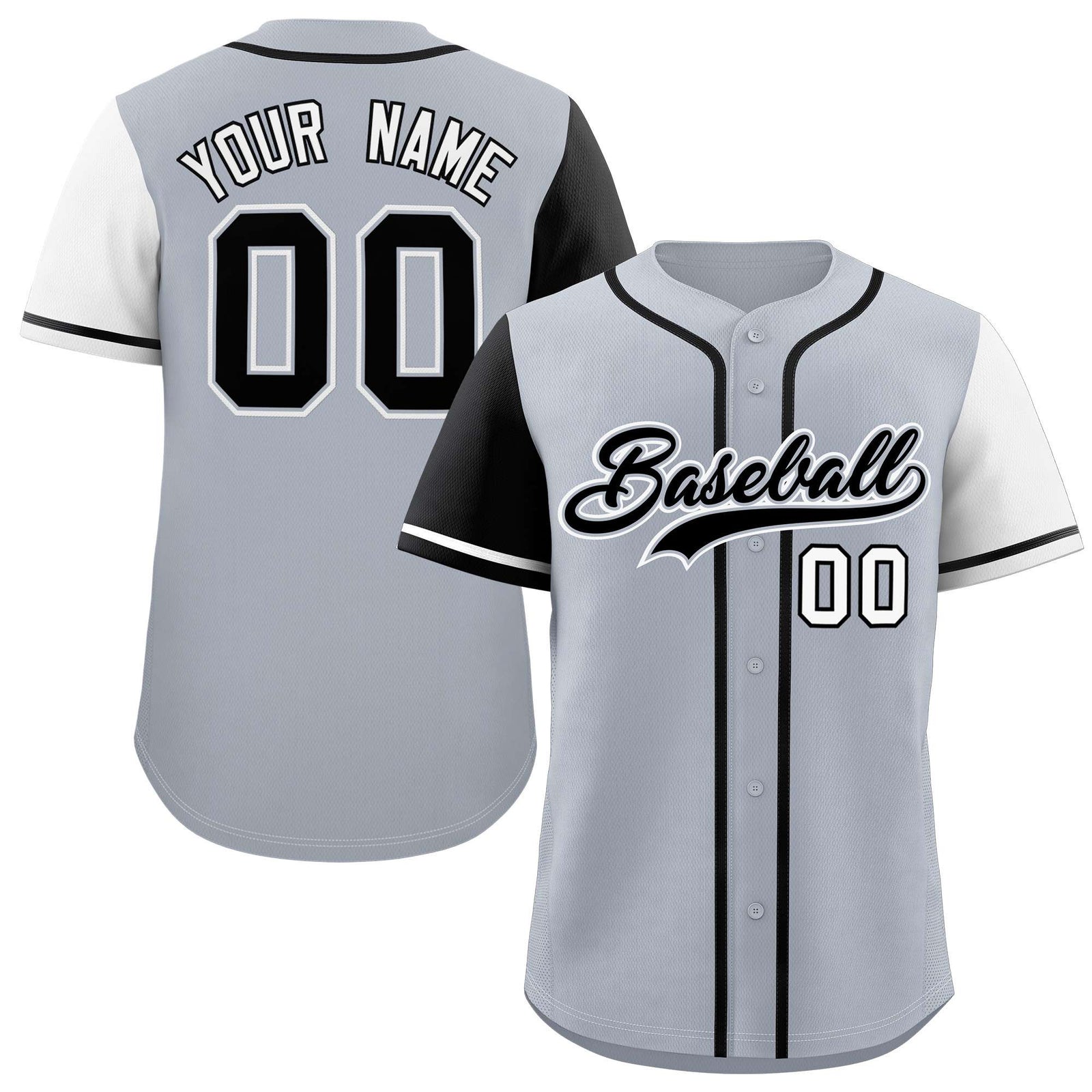 Custom Silver Black and White Raglan Sleeves Authentic Baseball Jersey