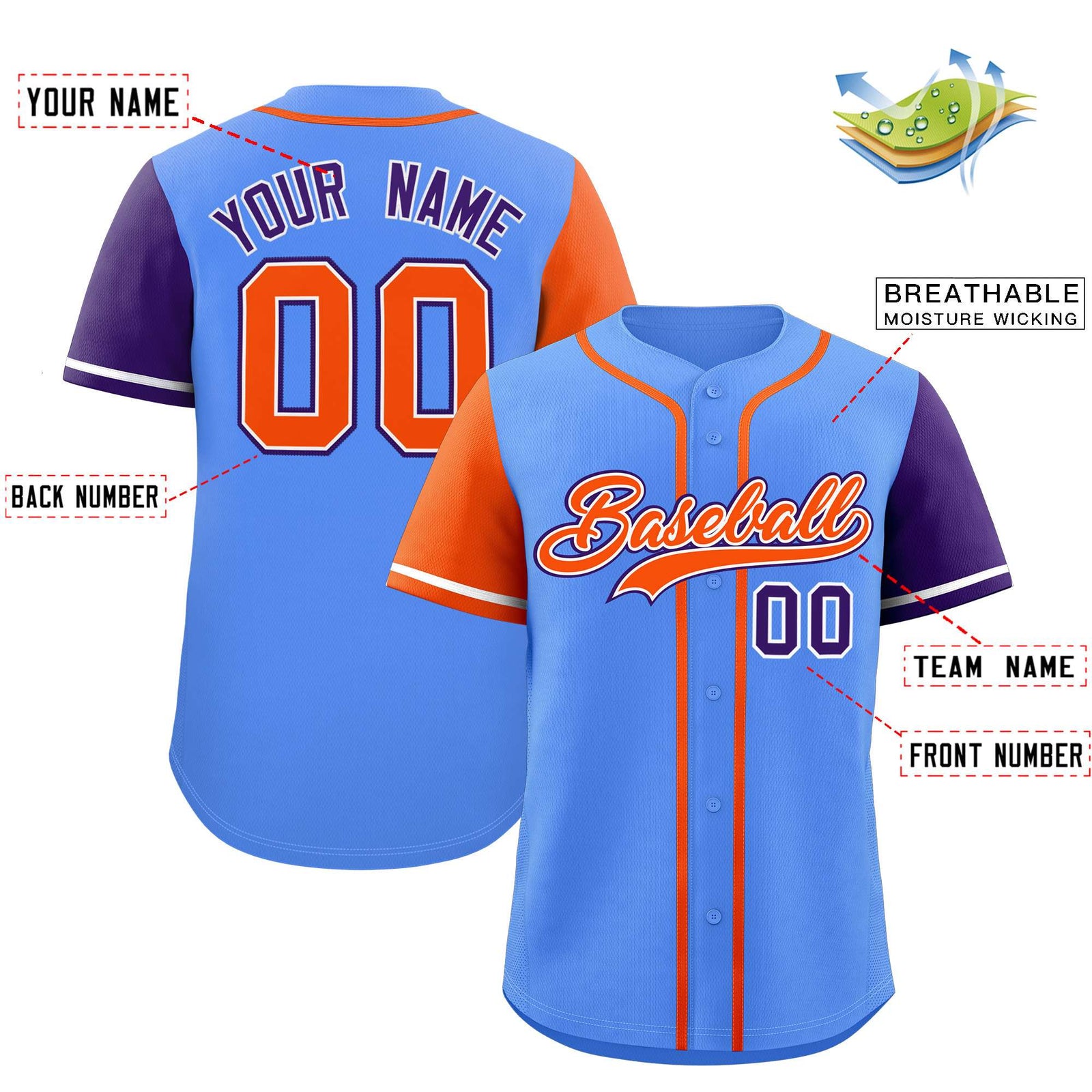 Custom Powder Blue Orange and Purple Raglan Sleeves Authentic Baseball Jersey