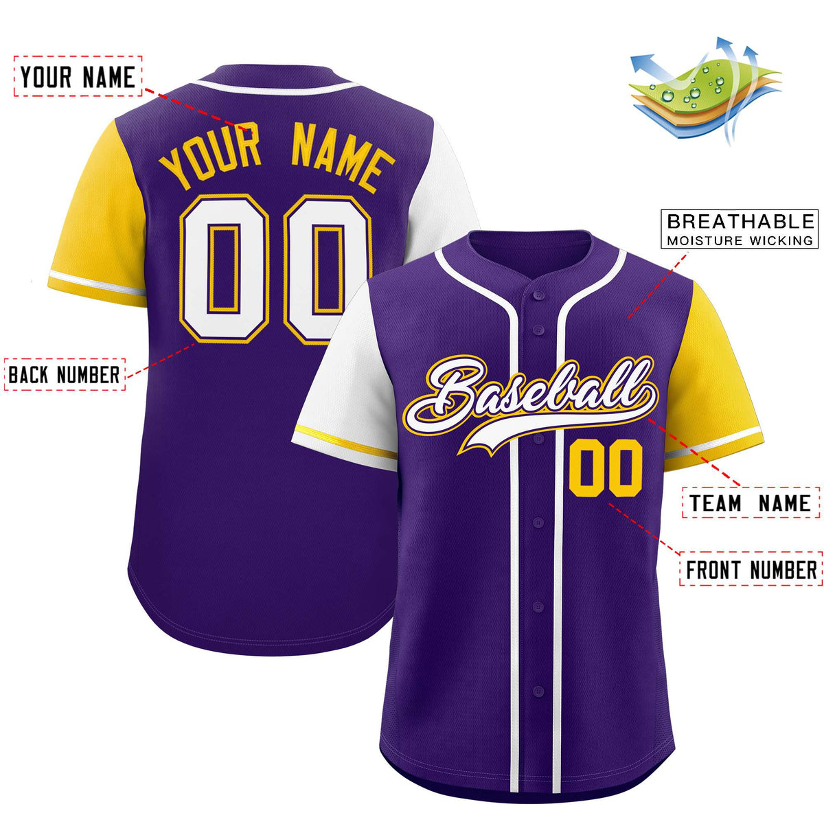 Custom Purple White and Gold Raglan Sleeves Authentic Baseball Jersey