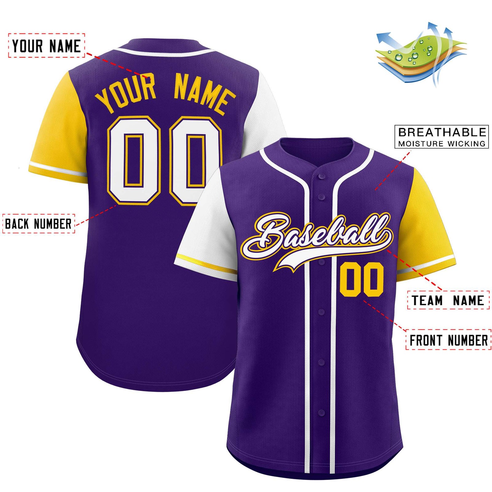 Custom Purple White and Gold Raglan Sleeves Authentic Baseball Jersey