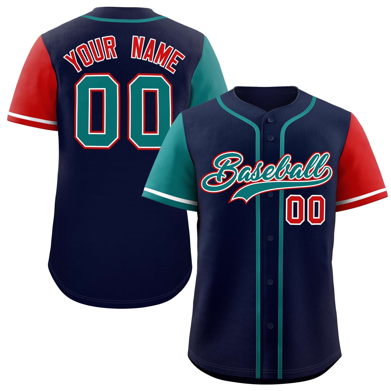 Custom Navy Aqua and Red Raglan Sleeves Authentic Baseball Jersey