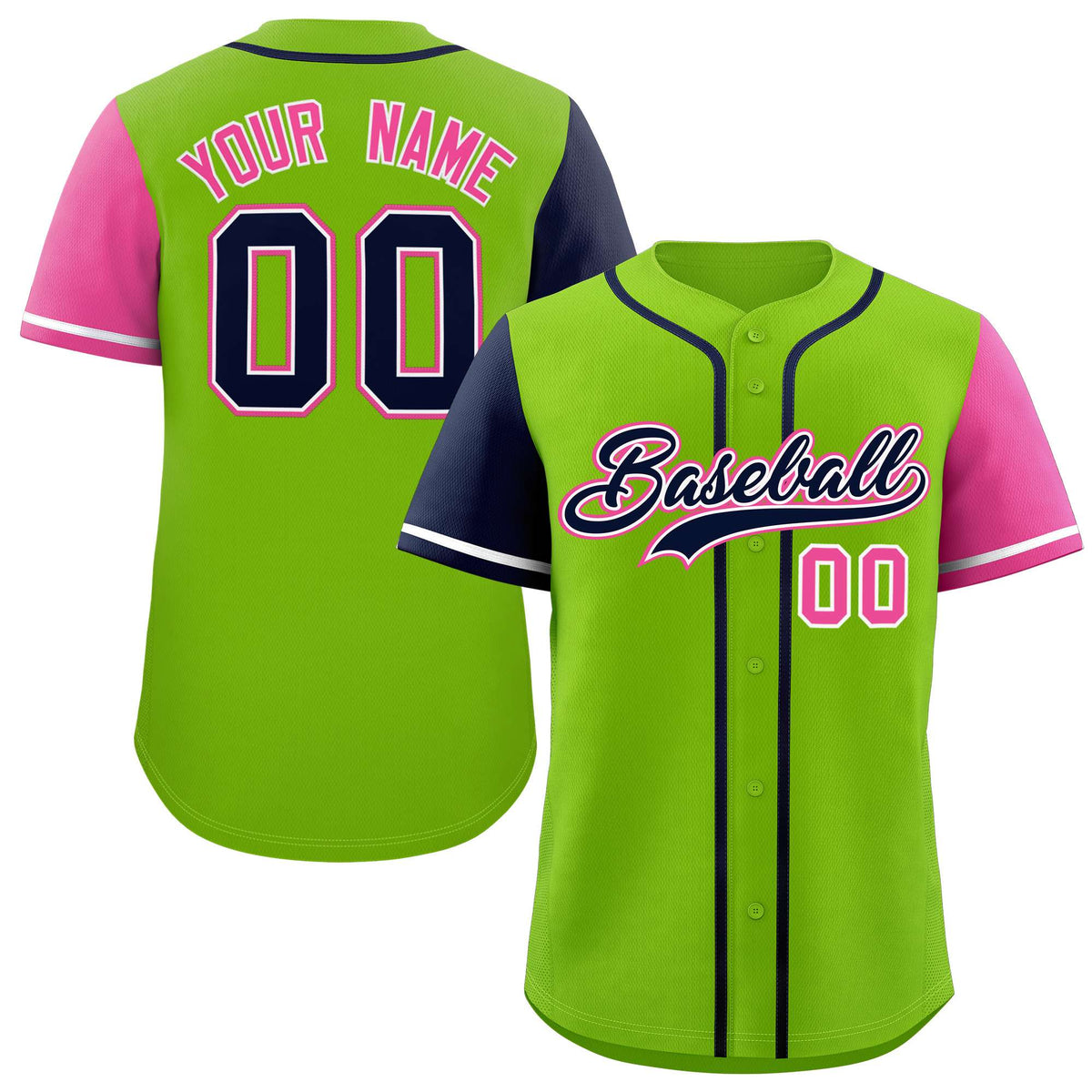 Custom Neon Green Navy and Pink Raglan Sleeves Authentic Baseball Jersey