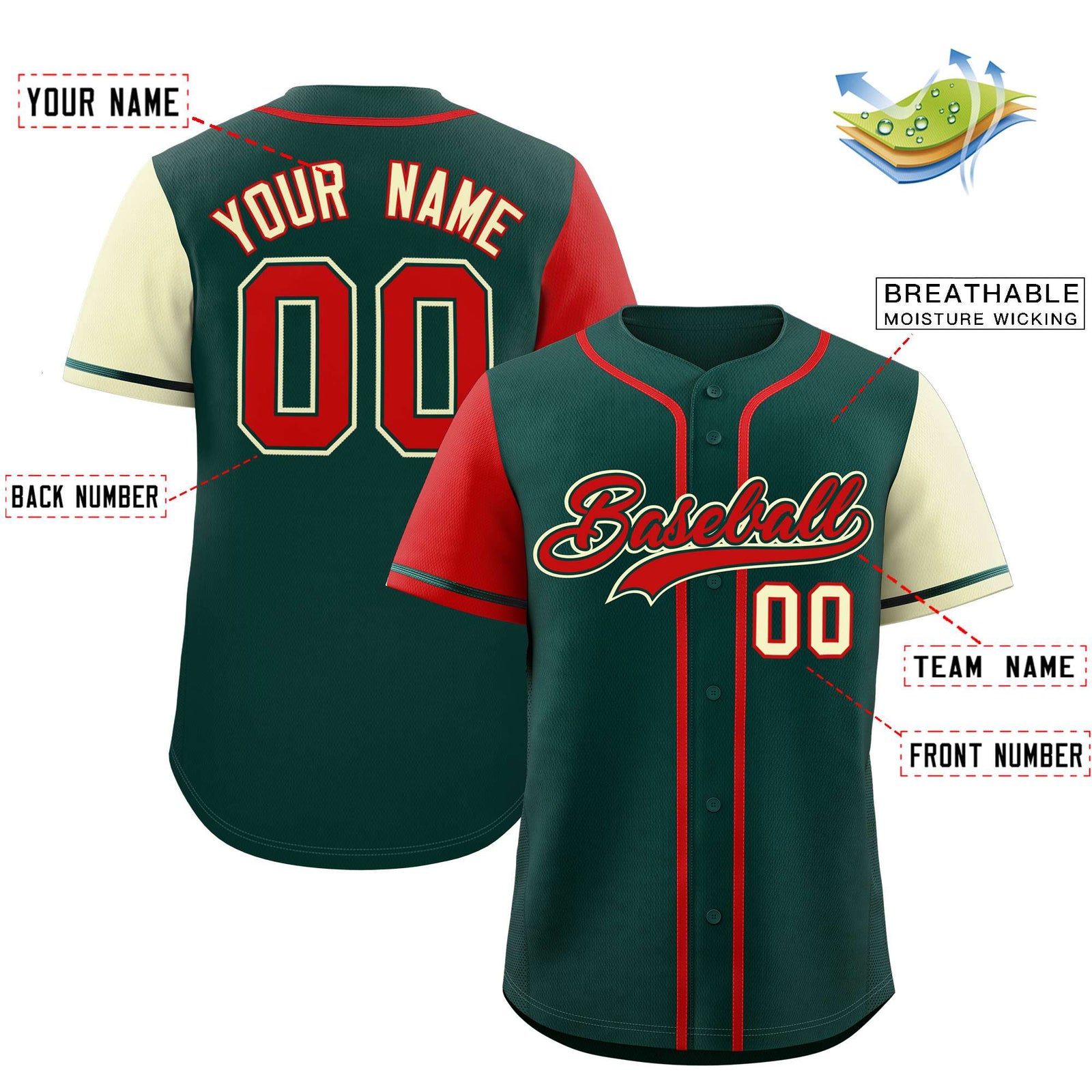 Custom Midnight Green Red and Cream Raglan Sleeves Authentic Baseball Jersey
