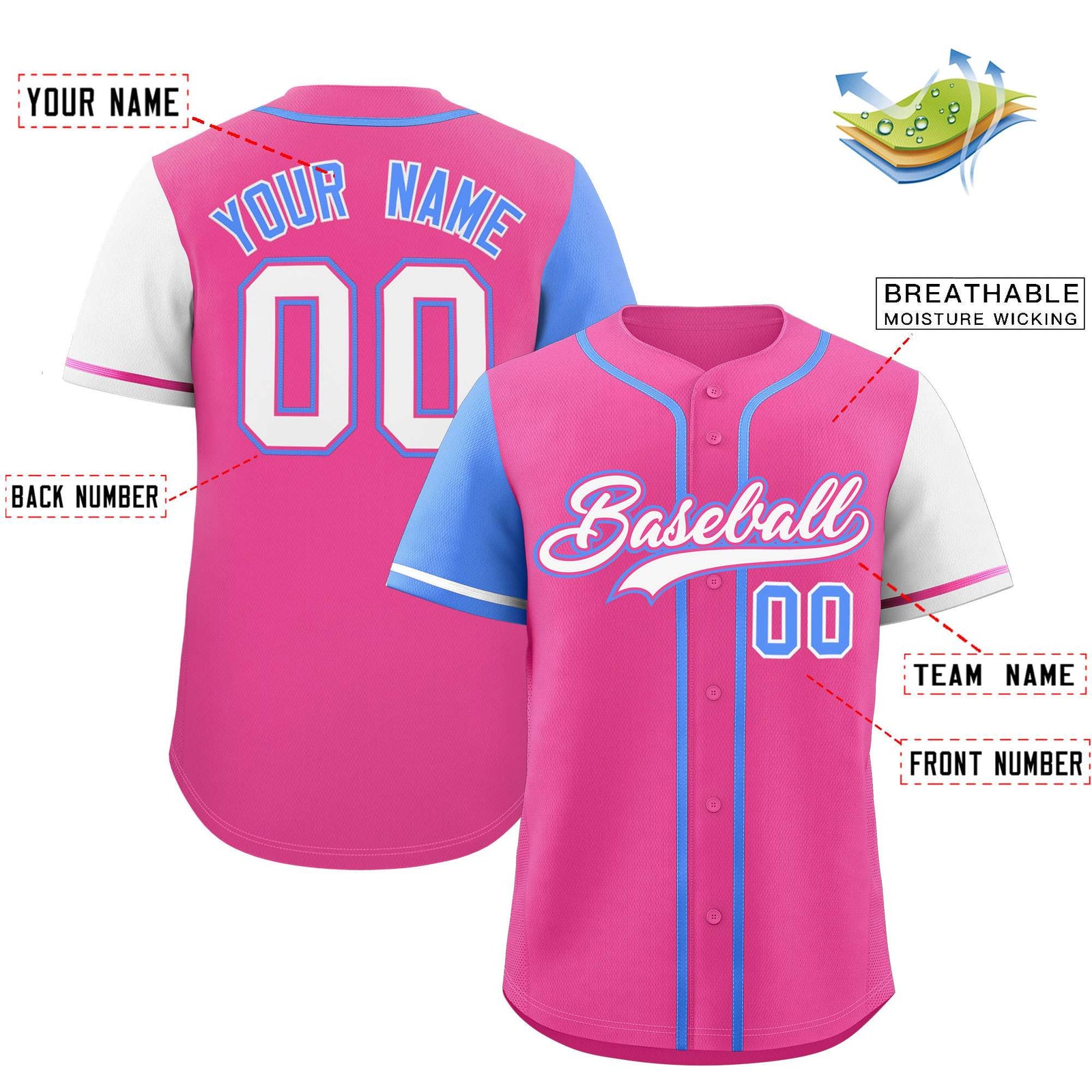 Custom Pink Powder Blue and White Raglan Sleeves Authentic Baseball Jersey