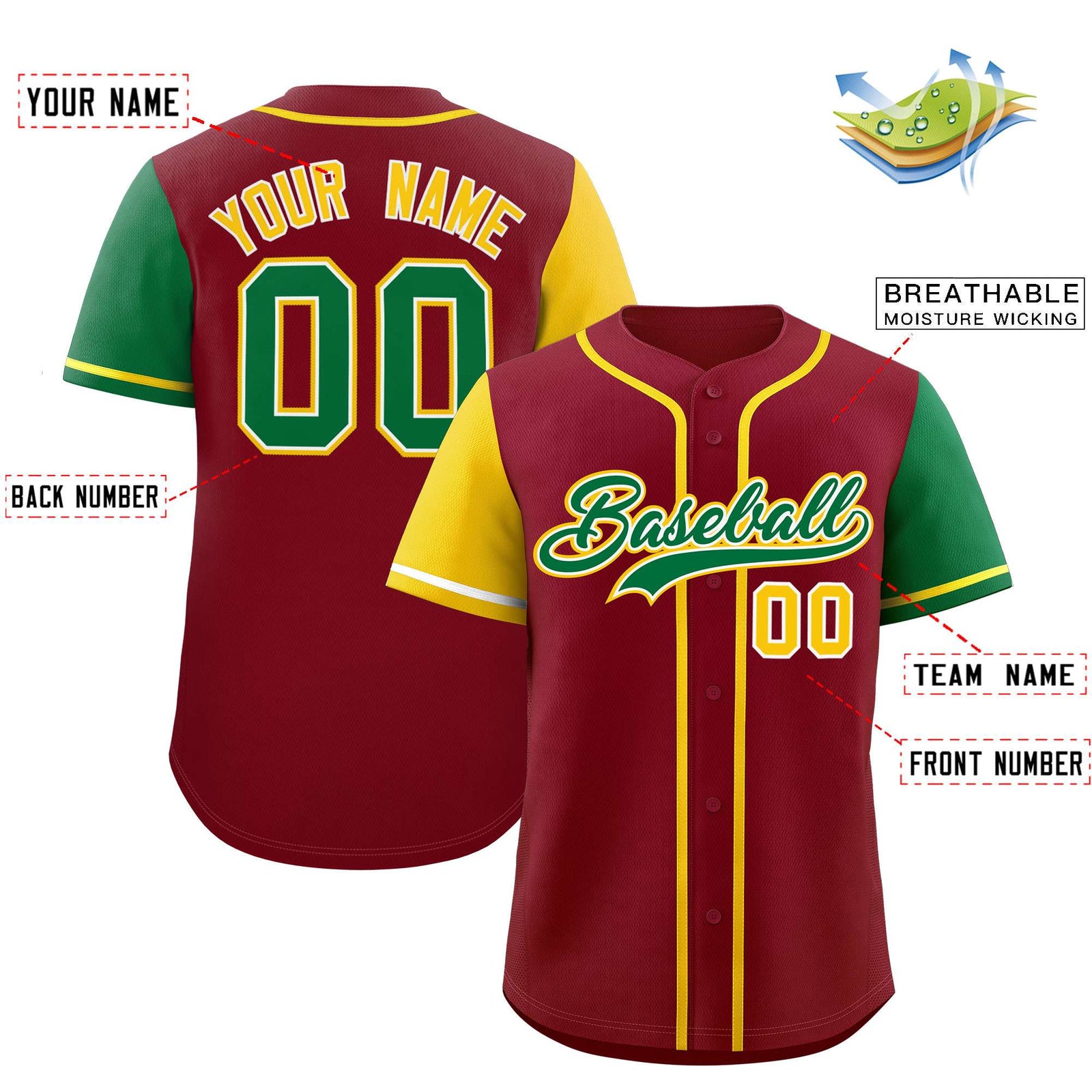 Custom Crimson Gold and Kelly Green Raglan Sleeves Authentic Baseball Jersey