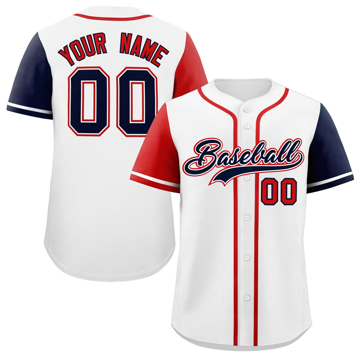 Custom White Red and Navy Raglan Sleeves Authentic Baseball Jersey