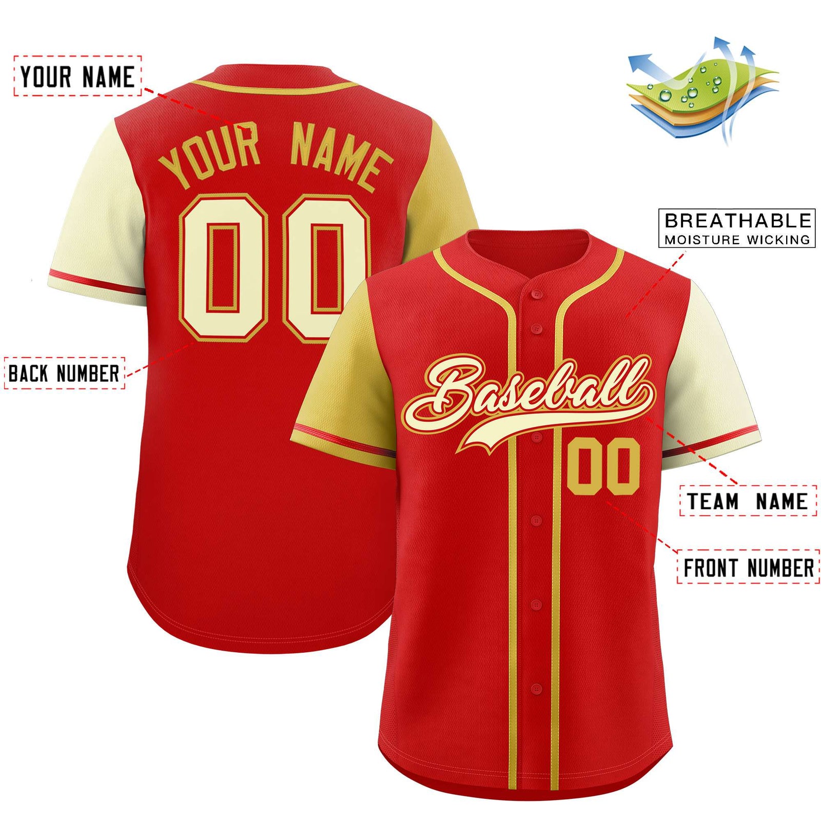 Custom Red Old Gold and Cream Raglan Sleeves Authentic Baseball Jersey