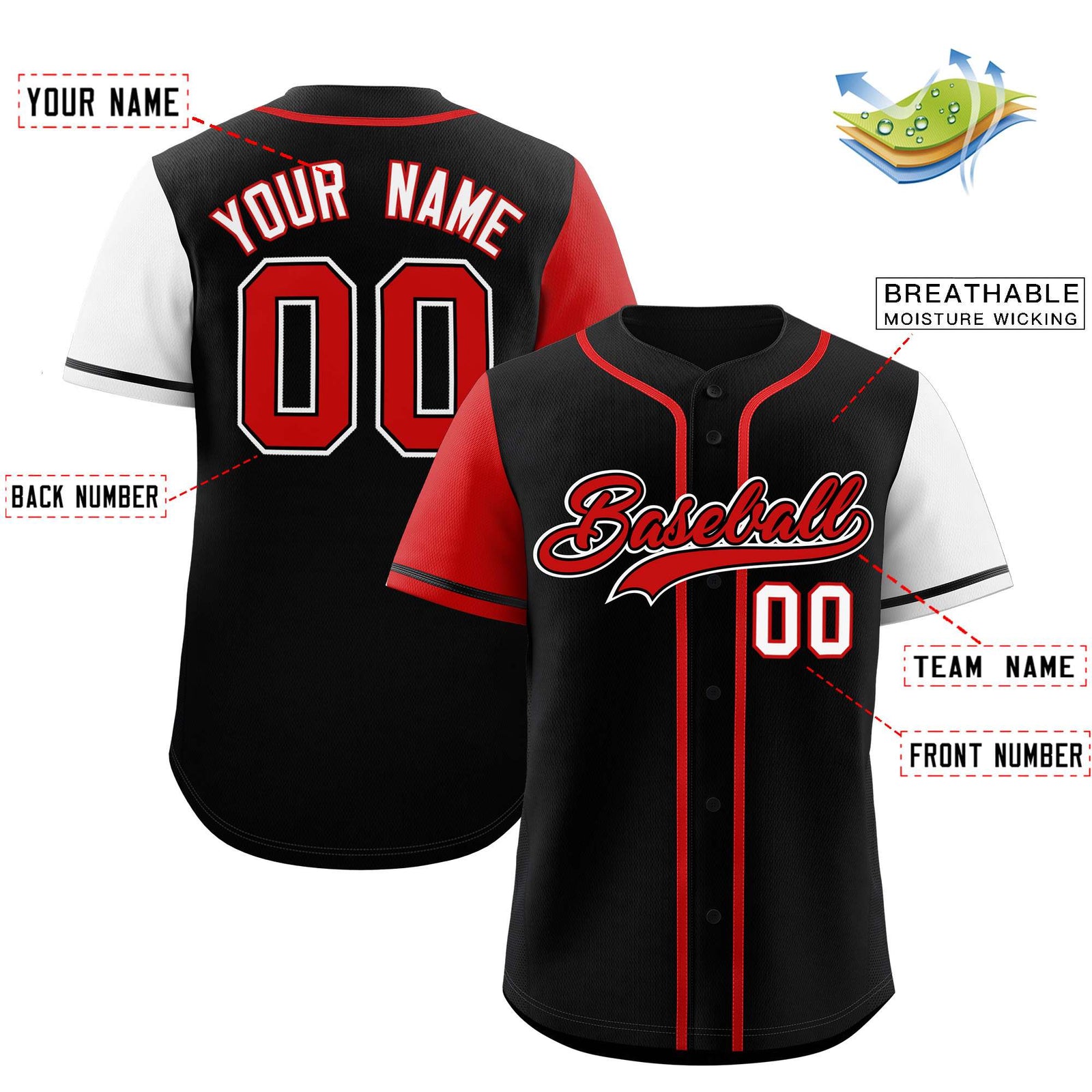 Custom Black Red and White Raglan Sleeves Authentic Baseball Jersey