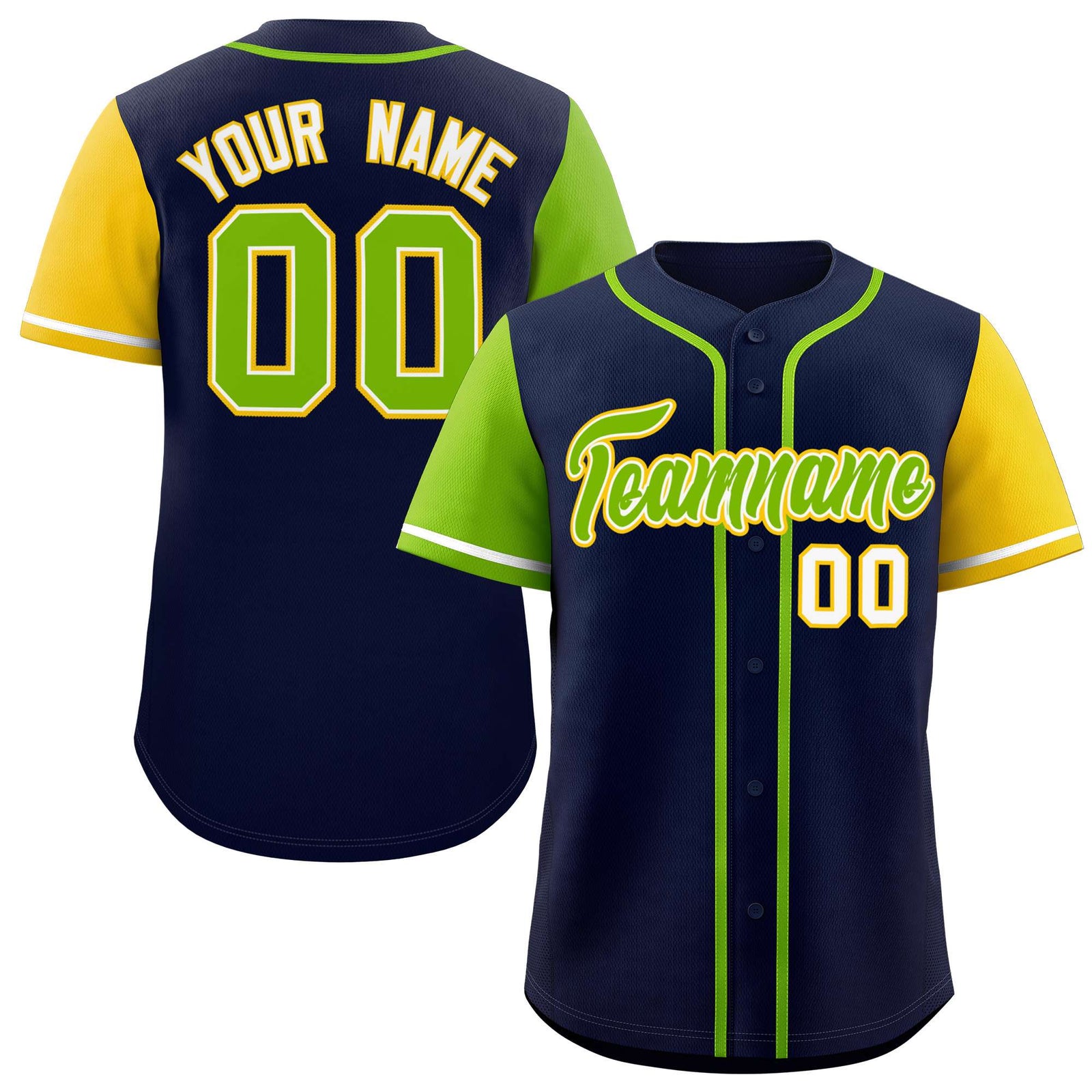 Custom Navy Neon Green and Gold Raglan Sleeves Authentic Baseball Jersey