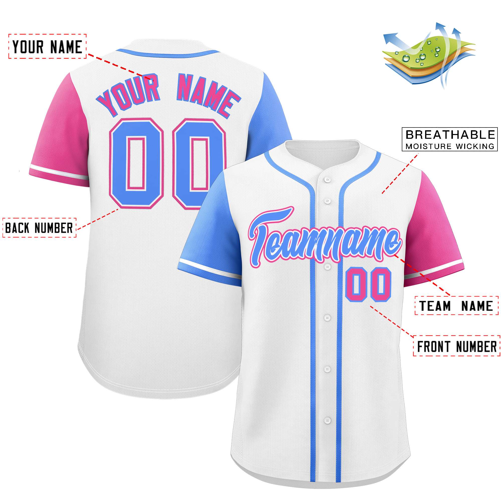 Custom White Powder Blue and Pink Raglan Sleeves Authentic Baseball Jersey