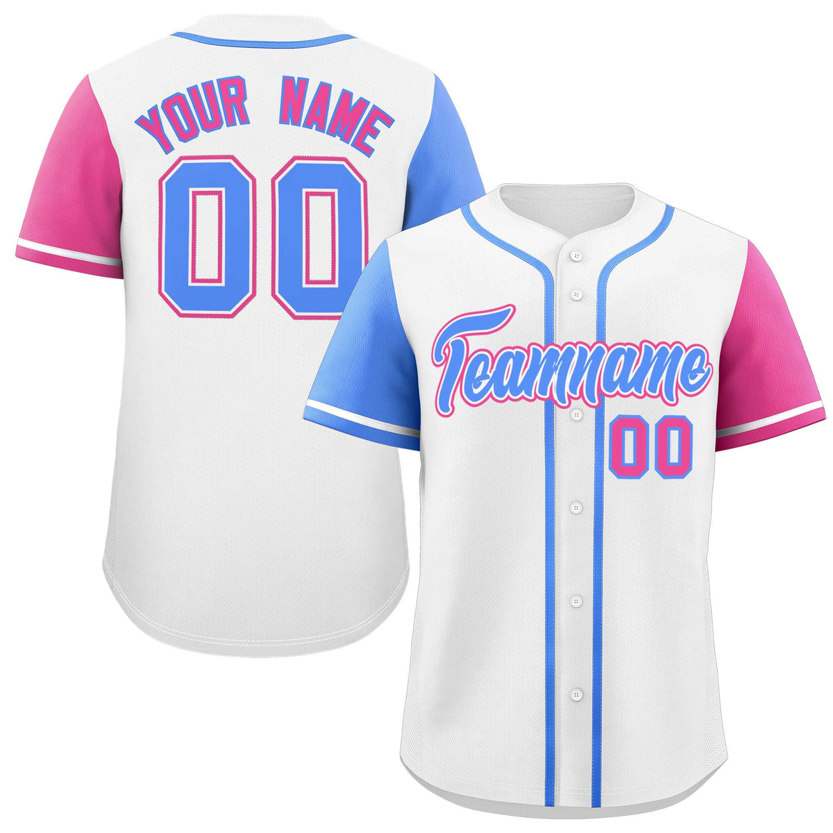 Custom White Powder Blue and Pink Raglan Sleeves Authentic Baseball Jersey
