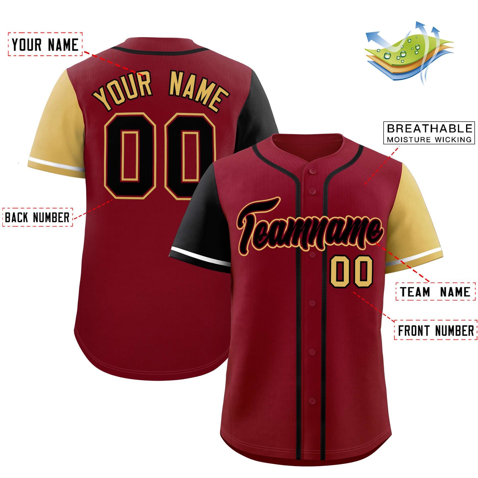 Custom Crimson Black and Khaki Raglan Sleeves Authentic Baseball Jersey