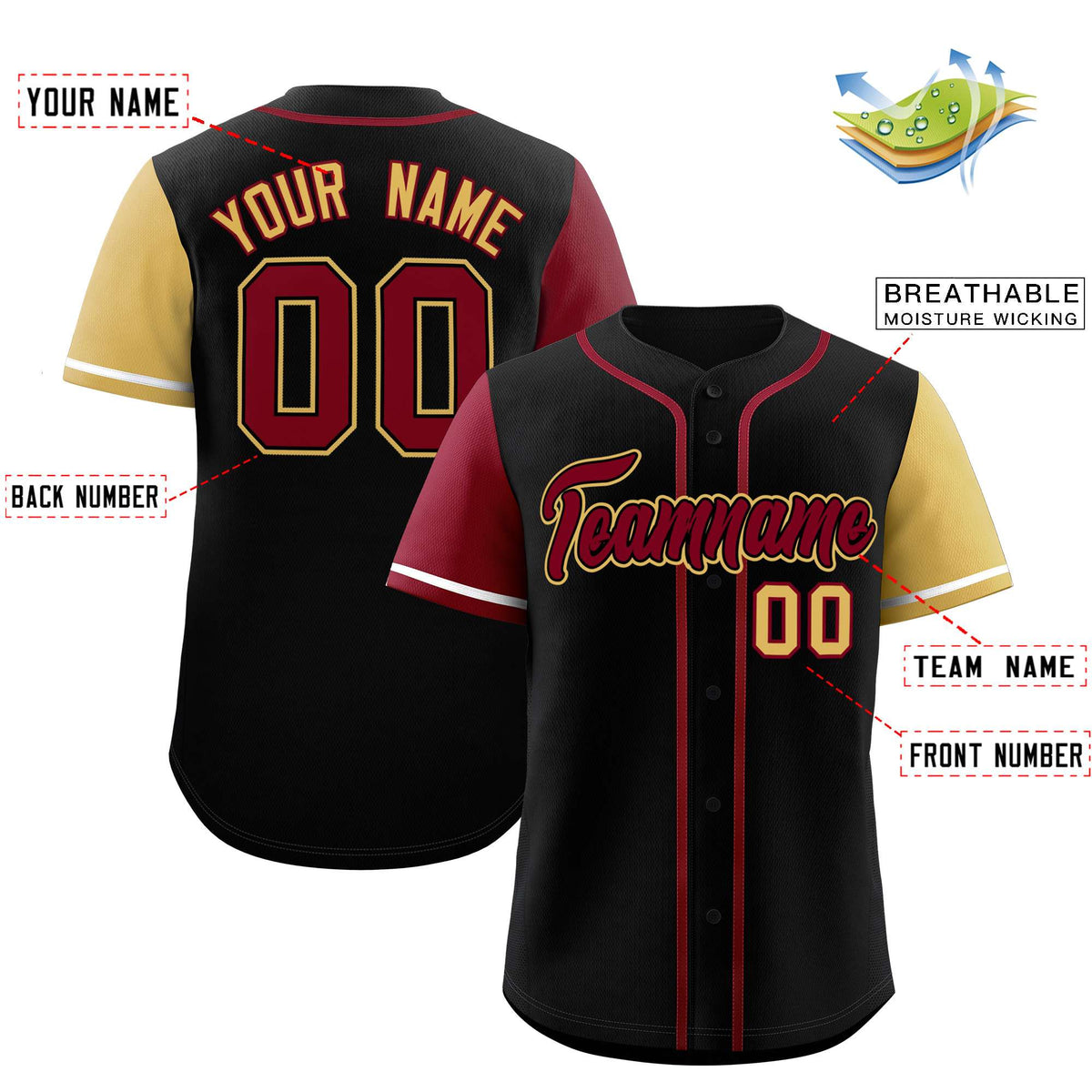 Custom Black Crimson and Khaki Raglan Sleeves Authentic Baseball Jersey