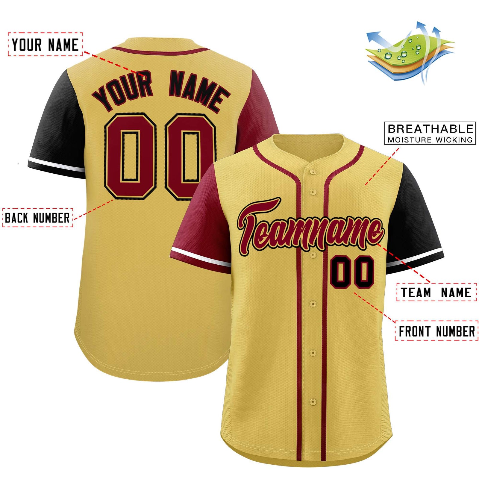 Custom Khaki Crimson and Black Raglan Sleeves Authentic Baseball Jersey
