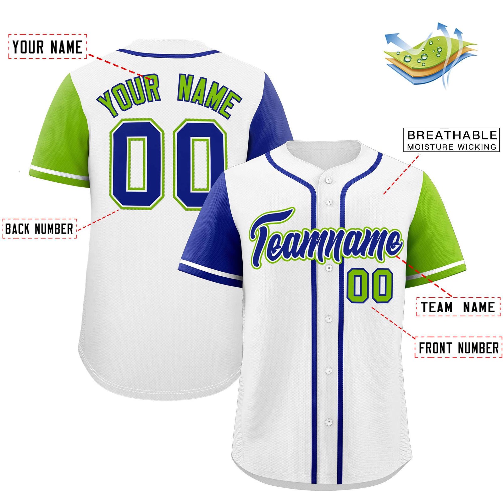 Custom White Royal and Neon Green Raglan Sleeves Authentic Baseball Jersey